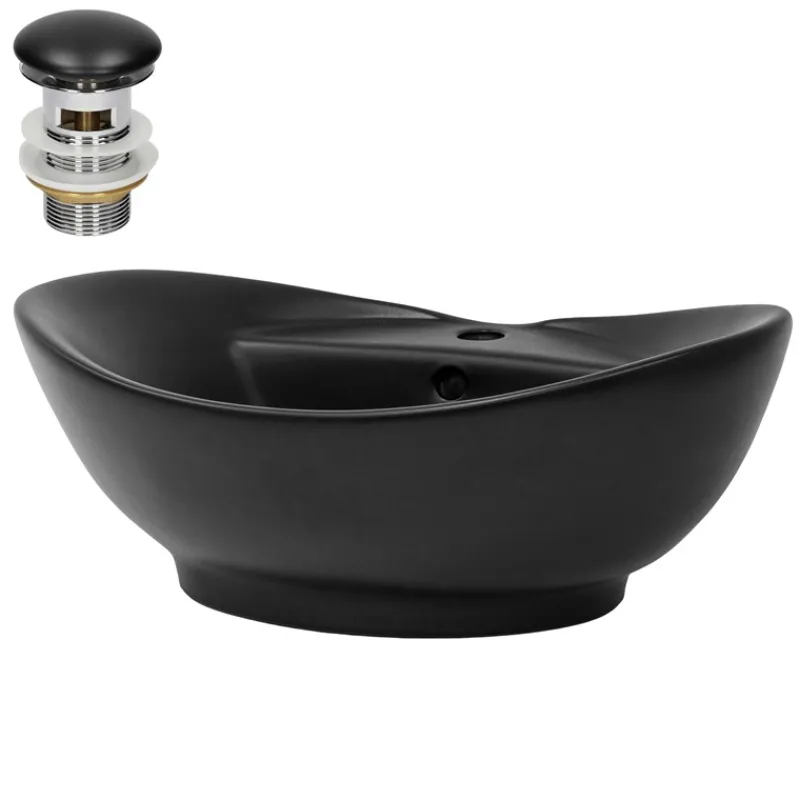 Waschbecken inkl. Ablaufgarnitur Schwarz mit Überlauf 59x39,5x20,5 cm Schwarz matt aus Keramik ML-Design-ECD Germany Best