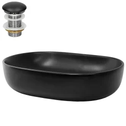 Waschbecken inkl. Ablaufgarnitur Schwarz ohne Überlauf 60x42,5x14,5 cm Schwarz aus Keramik ML-Design-ECD Germany Hot