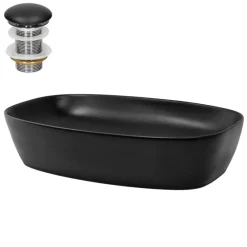 Waschbecken inkl. Ablaufgarnitur Schwarz ohne Überlauf 60,5x38,5x14 cm Schwarz aus Keramik ML-Design-ECD Germany