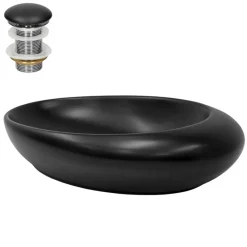 Waschbecken inkl. Ablaufgarnitur Schwarz ohne Überlauf 58,5x37,5x14,5 cm Schwarz aus Keramik ML-Design-ECD Germany New