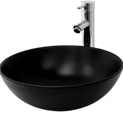 Waschbecken inkl. Ablaufgarnitur Schwarz ohne Überlauf Ø 40x14,5 cm Schwarz aus Keramik ML-Design-ECD Germany Clearance