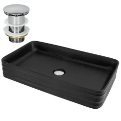 Waschbecken inkl. Ablaufgarnitur ohne Überlauf 68x38x12 cm Schwarz aus Keramik ML-Design-ECD Germany Outlet