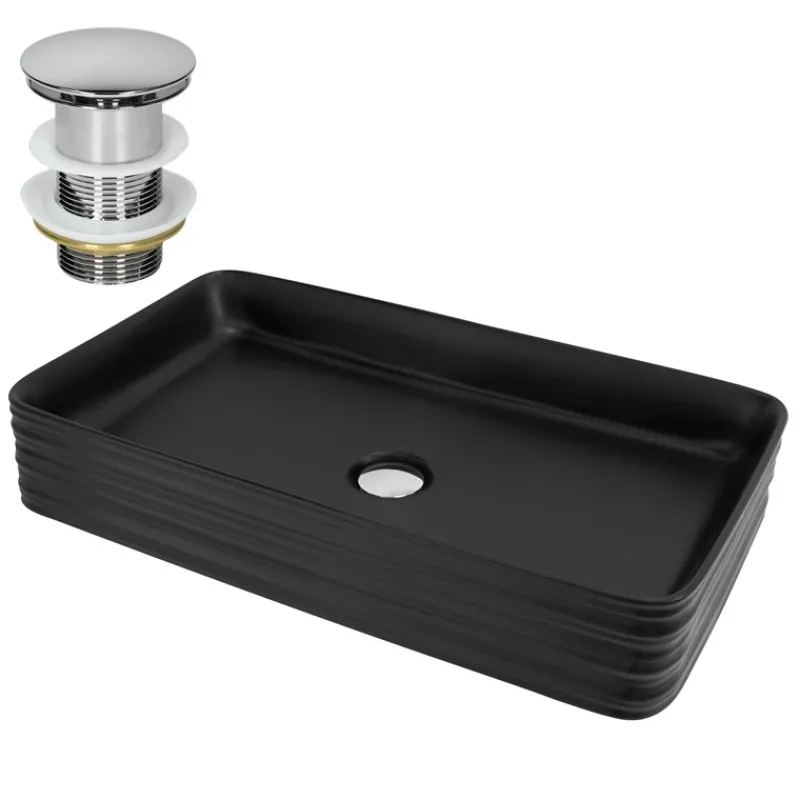 Waschbecken inkl. Ablaufgarnitur ohne Überlauf 68x38x12 cm Schwarz aus Keramik ML-Design-ECD Germany Outlet