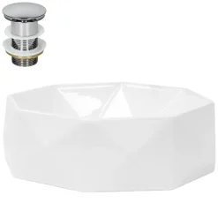 Waschbecken inkl. Ablaufgarnitur Silber ohne Überlauf Ø 42x13,5 cm Weiß aus Keramik ML-Design-ECD Germany Clearance