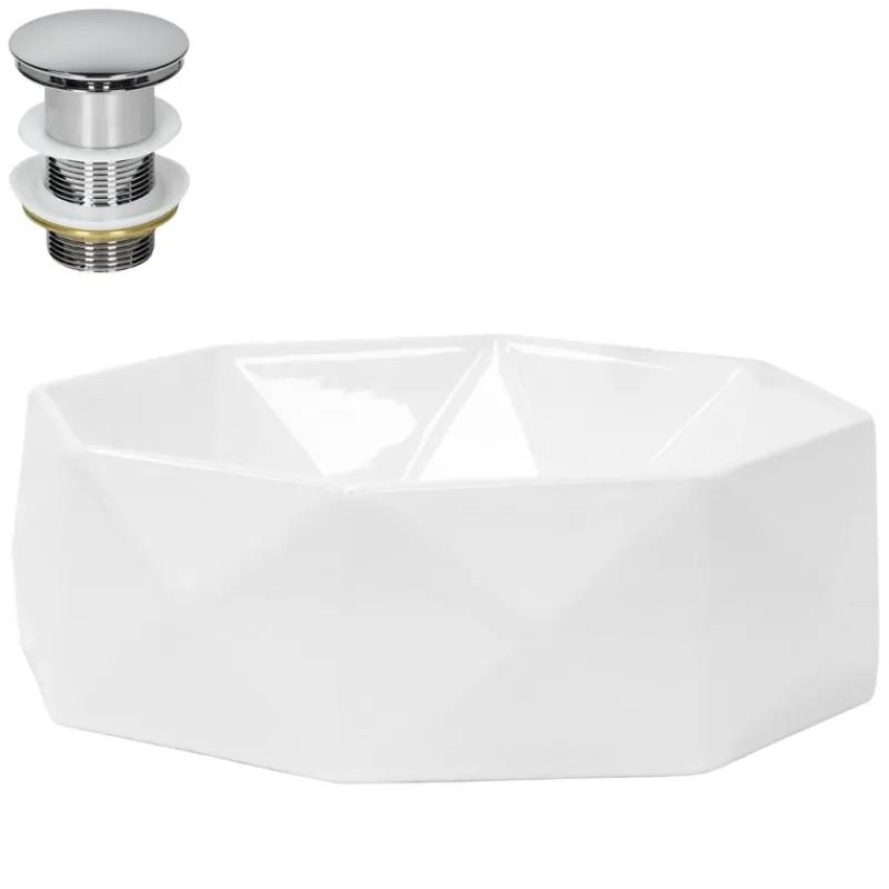 Waschbecken inkl. Ablaufgarnitur Silber ohne Überlauf Ø 42x13,5 cm Weiß aus Keramik ML-Design-ECD Germany Clearance