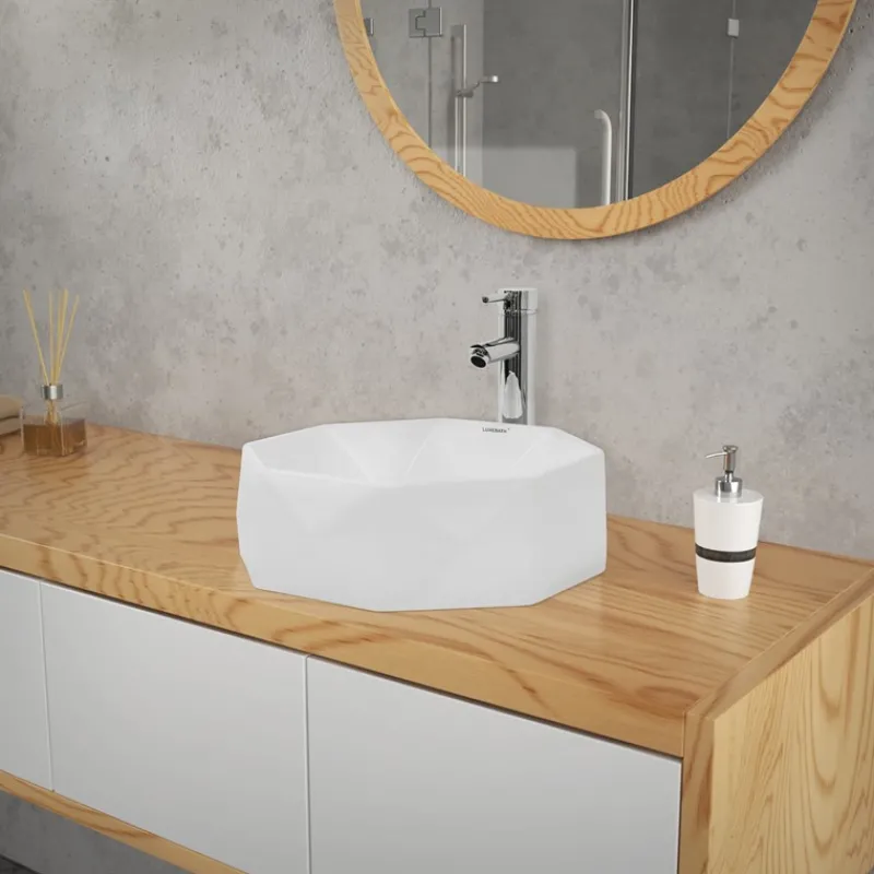 Waschbecken inkl. Ablaufgarnitur Silber ohne Überlauf Ø 42x13,5 cm Weiß aus Keramik ML-Design-ECD Germany Clearance