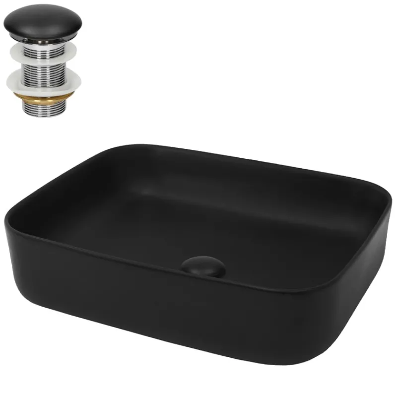 Waschbecken inkl. Ablaufgarnitur ohne Überlauf 51x40,5x13,5 cm Schwarz aus Keramik ML-Design-ECD Germany Best