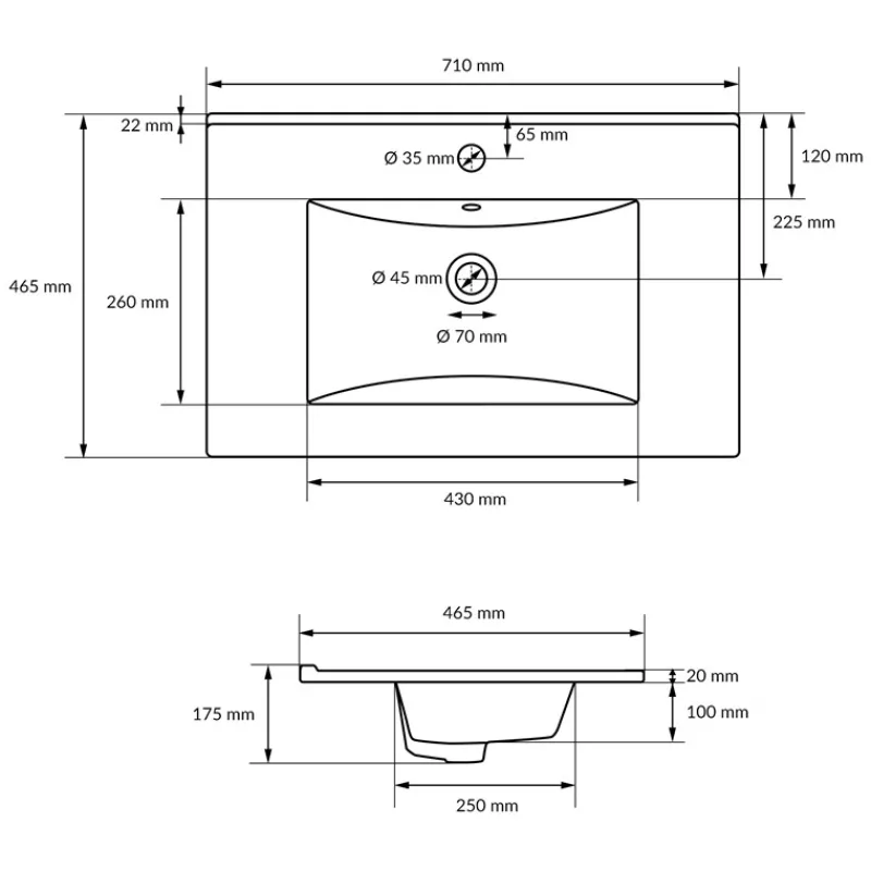 Waschbecken inkl. Ablaufgarnitur mit Überlauf 71x46,5x17,5 mm Weiß aus Keramik LuxeBath-ECD Germany Outlet