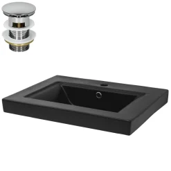 Waschbecken inkl. Ablaufgarnitur mit Überlauf 61x46,5x15,5 cm Schwarz aus Keramik ML-Design-ECD Germany