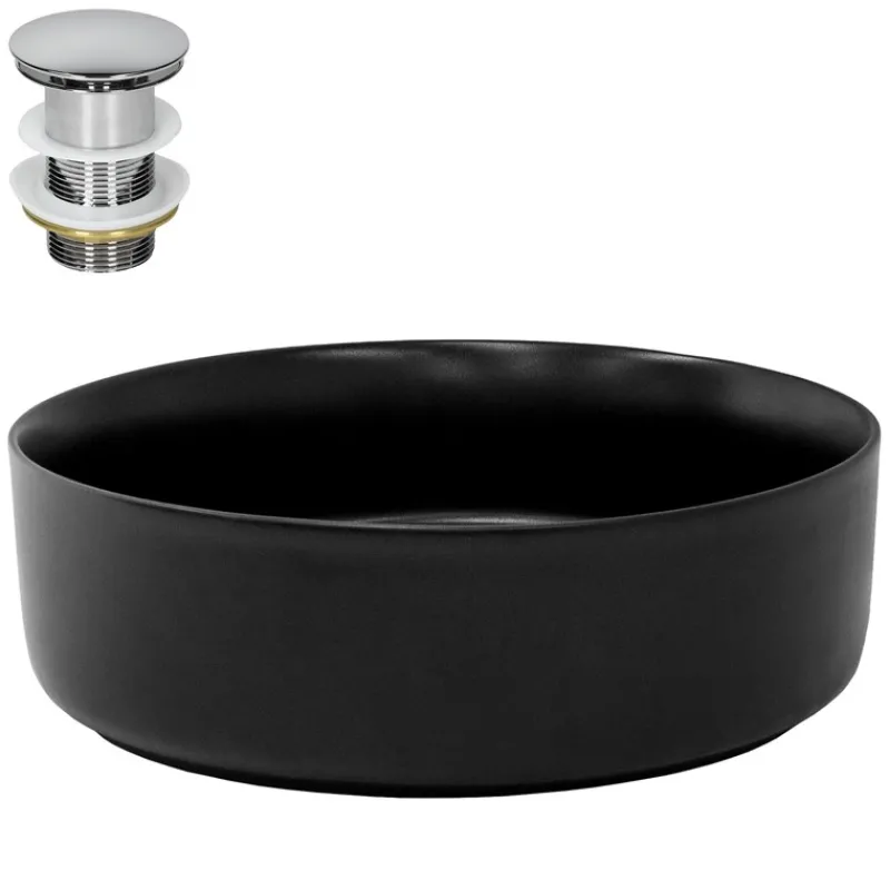 Waschbecken inkl. Ablaufgarnitur ohne Überlauf Ø 36x12 cm Schwarz aus Keramik ML-Design-ECD Germany Sale