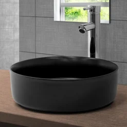 Waschbecken inkl. Ablaufgarnitur ohne Überlauf Ø 36x12 cm Schwarz aus Keramik ML-Design-ECD Germany Sale