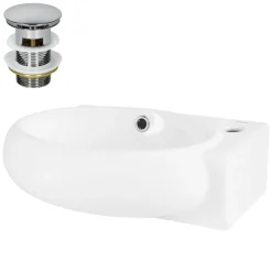 Waschbecken inkl. Ablaufgarnitur Silber mit Überlauf 43x28x15 cm Weiß aus Keramik Hahnloch rechts ML-Design-ECD Germany Outlet