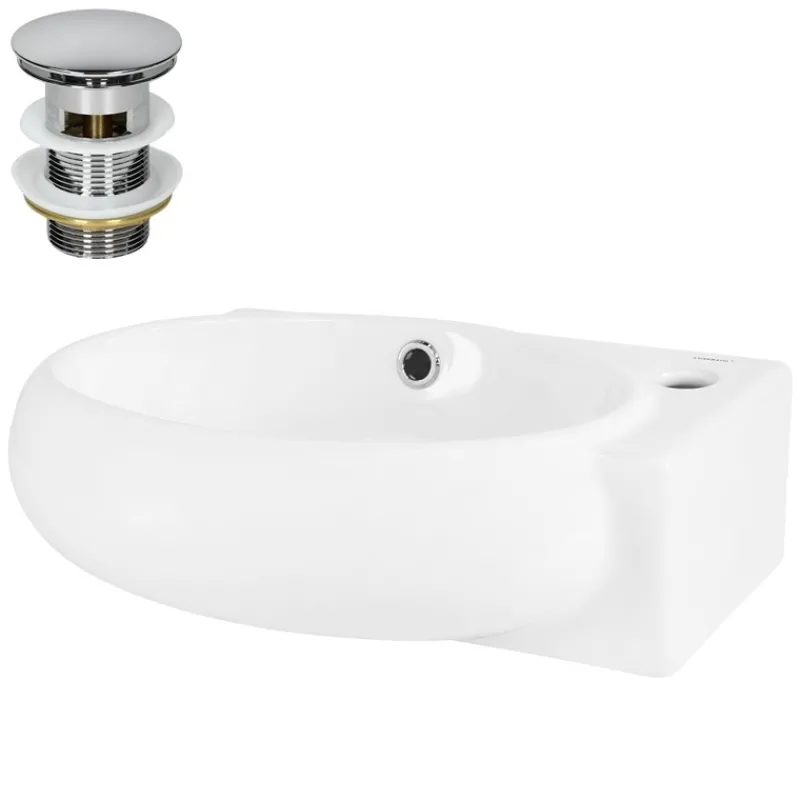 Waschbecken inkl. Ablaufgarnitur Silber mit Überlauf 43x28x15 cm Weiß aus Keramik Hahnloch rechts ML-Design-ECD Germany Outlet