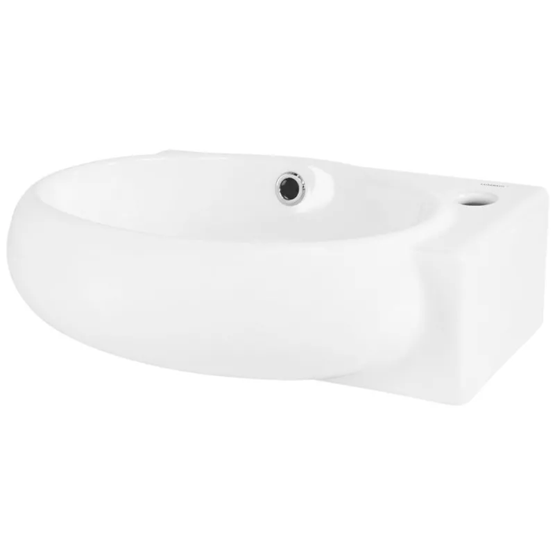 Waschbecken inkl. Ablaufgarnitur Silber mit Überlauf 43x28x15 cm Weiß aus Keramik Hahnloch rechts ML-Design-ECD Germany Outlet