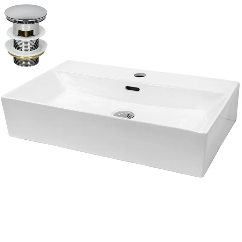 Waschbecken inkl. Ablaufgarnitur mit Überlauf 51,5x36x13 cm Weiß aus Keramik-ECD Germany Clearance