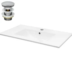 Waschbecken inkl. Ablaufgarnitur Silber mit Überlauf 81x46,5x17,5 cm Weiß aus Keramik-ECD Germany Outlet