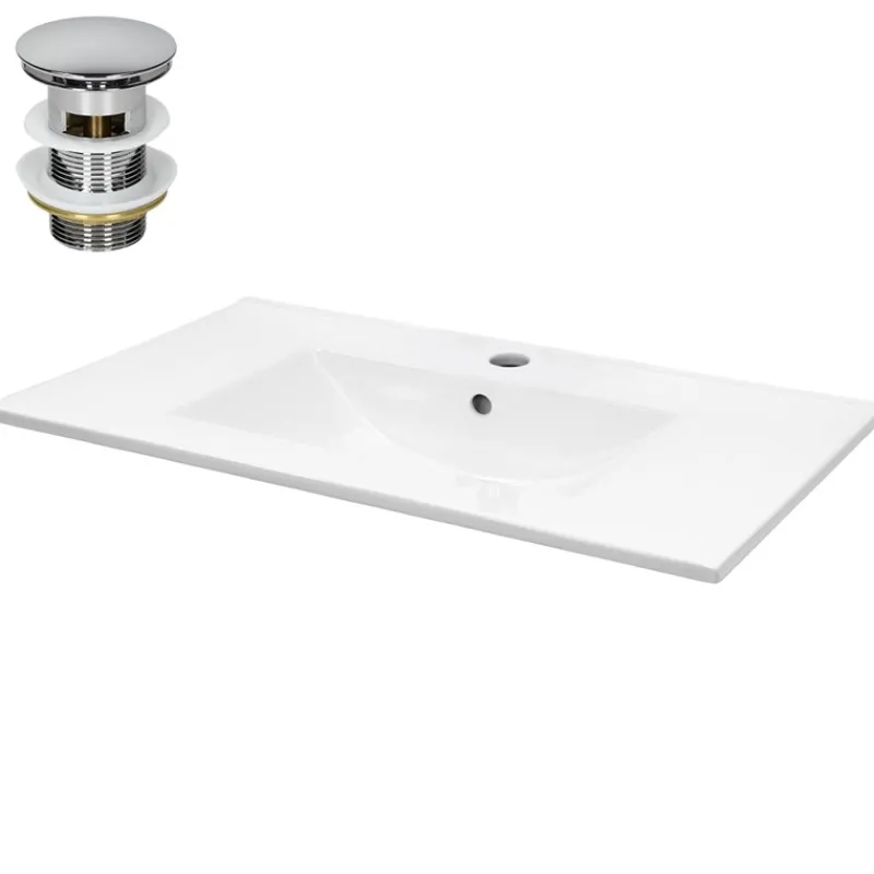 Waschbecken inkl. Ablaufgarnitur Silber mit Überlauf 81x46,5x17,5 cm Weiß aus Keramik-ECD Germany Outlet