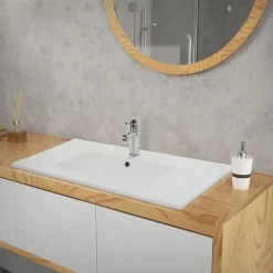 Waschbecken inkl. Ablaufgarnitur Silber mit Überlauf 81x46,5x17,5 cm Weiß aus Keramik-ECD Germany Outlet