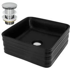 Waschbecken inkl. Ablaufgarnitur Silber ohne Überlauf 39x39x15 cm Schwarz aus Keramik ML-Design-ECD Germany Best