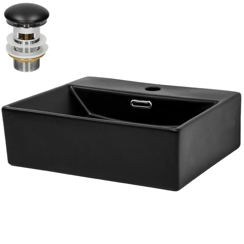 Waschbecken inkl. Ablaufgarnitur Schwarz mit Überlauf 41,5x36x13 cm Schwarz aus Keramik ML-Design-ECD Germany Clearance
