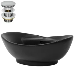 Waschbecken inkl. Ablaufgarnitur Silber mit Überlauf 59x39,5x20,5 cm Schwarz matt aus Keramik ML-Design-ECD Germany Outlet
