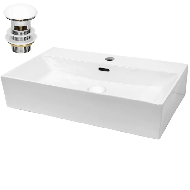 Waschbecken inkl. Ablaufgarnitur mit Überlauf 60,5x36,5x13 cm Weiß aus Keramik-ECD Germany New
