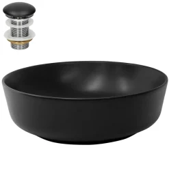 Waschbecken inkl. Ablaufgarnitur Schwarz ohne Überlauf Ø 41,5x13,5 cm Schwarz aus Keramik ML-Design-ECD Germany Discount