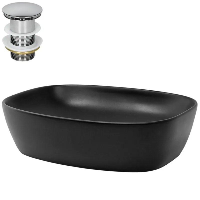 Waschbecken inkl. Ablaufgarnitur Silber ohne Überlauf 50,5x38,5x14 cm Schwarz aus Keramik ML-Design-ECD Germany Hot