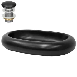 Waschbecken inkl. Ablaufgarnitur Schwarz ohne Überlauf 65x45x11 cm Schwarz aus Keramik ML-Design-ECD Germany New