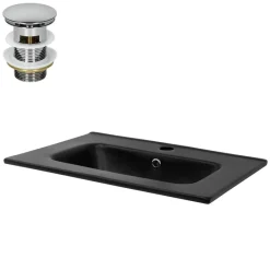 Waschbecken inkl. Ablaufgarnitur Silber mit Überlauf 61x46x16,5 cm Schwarz aus Keramik ML-Design-ECD Germany Online