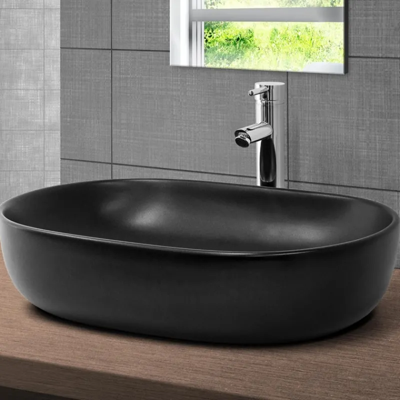 Waschbecken inkl. Ablaufgarnitur Silber ohne Überlauf 60x42,5x14,5 cm Schwarz aus Keramik ML-Design-ECD Germany Discount