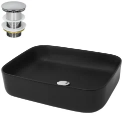 Waschbecken inkl. Ablaufgarnitur ohne Überlauf 51x40x,5x13,5 cm Schwarz aus Keramik ML-Design-ECD Germany Outlet