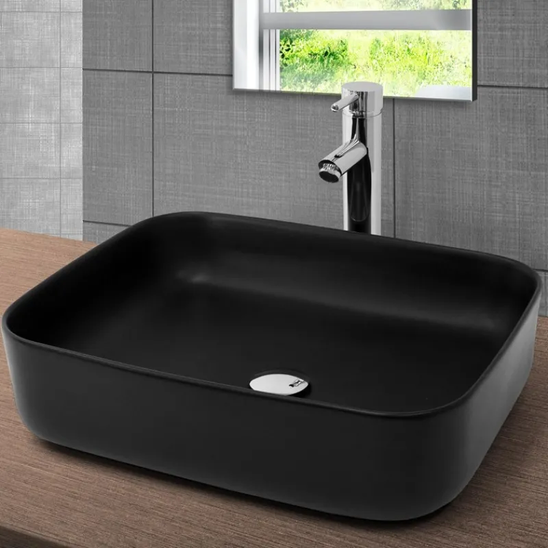 Waschbecken inkl. Ablaufgarnitur ohne Überlauf 51x40x,5x13,5 cm Schwarz aus Keramik ML-Design-ECD Germany Outlet