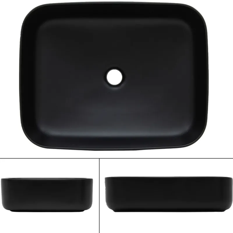 Waschbecken inkl. Ablaufgarnitur ohne Überlauf 51x40x,5x13,5 cm Schwarz aus Keramik ML-Design-ECD Germany Outlet