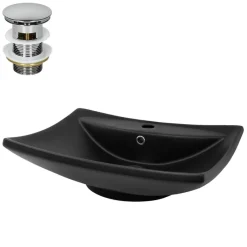 Waschbecken inkl. Ablaufgarnitur mit Überlauf 61x45,5x18,5 cm Schwarz aus Keramik ML-Design-ECD Germany New