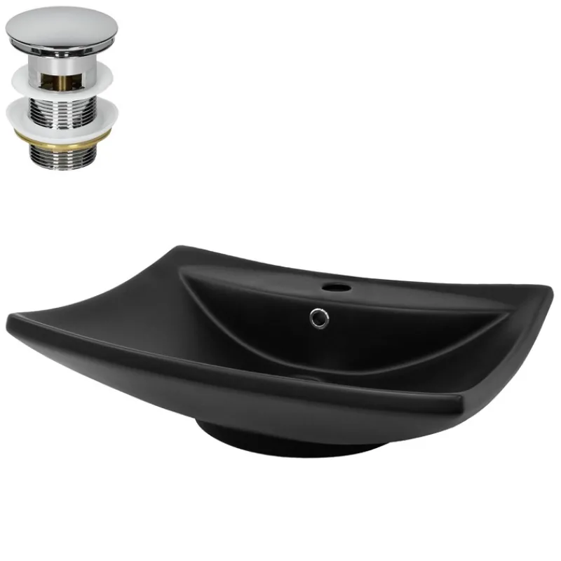 Waschbecken inkl. Ablaufgarnitur mit Überlauf 61x45,5x18,5 cm Schwarz aus Keramik ML-Design-ECD Germany New