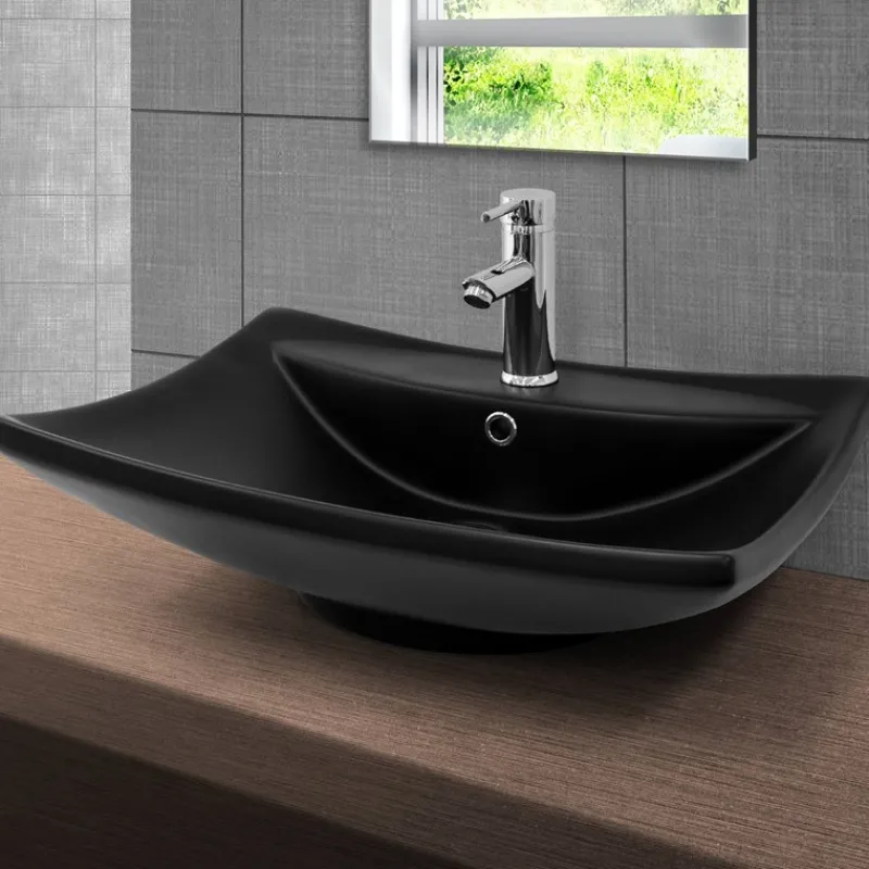 Waschbecken inkl. Ablaufgarnitur mit Überlauf 61x45,5x18,5 cm Schwarz aus Keramik ML-Design-ECD Germany New