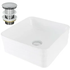 Waschbecken inkl. Ablaufgarnitur Silber ohne Überlauf 39x39x15 cm Weiß aus Keramik ML-Design-ECD Germany Outlet