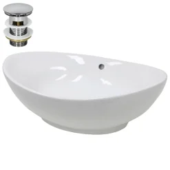 Waschbecken inkl. Ablaufgarnitur Silber mit Überlauf 59x39x20 cm Weiß aus Keramik-ECD Germany Discount