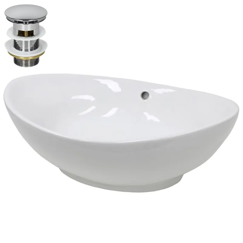Waschbecken inkl. Ablaufgarnitur Silber mit Überlauf 59x39x20 cm Weiß aus Keramik-ECD Germany Discount