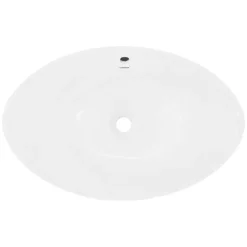 Waschbecken inkl. Ablaufgarnitur Silber mit Überlauf 59x39x20 cm Weiß aus Keramik-ECD Germany Discount