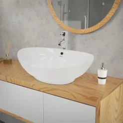 Waschbecken inkl. Ablaufgarnitur Silber mit Überlauf 59x39x20 cm Weiß aus Keramik-ECD Germany Discount