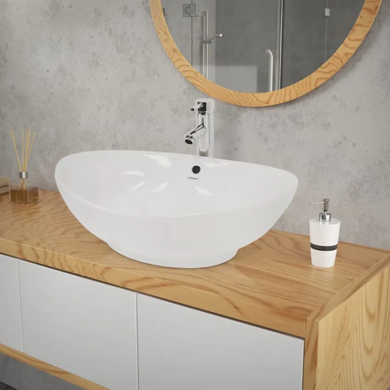 Waschbecken inkl. Ablaufgarnitur Silber mit Überlauf 59x39x20 cm Weiß aus Keramik-ECD Germany Discount