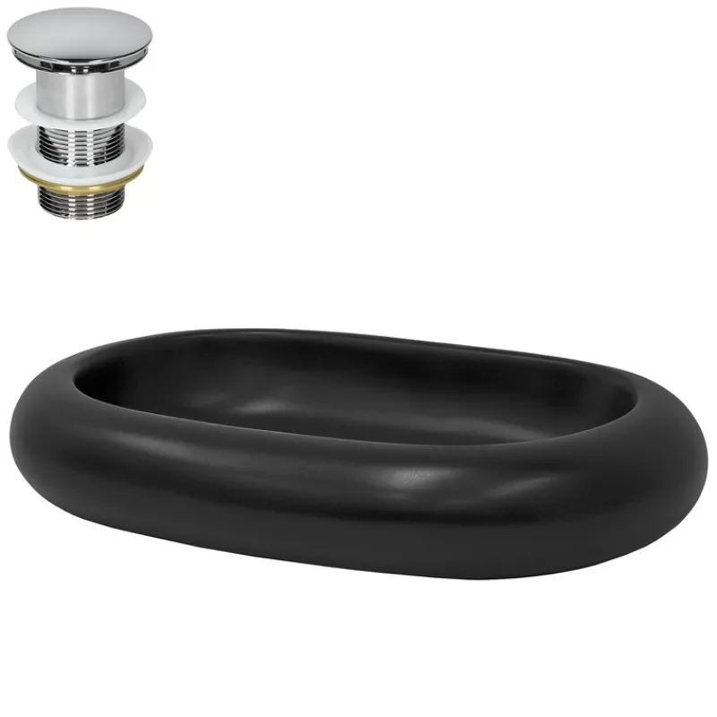 Waschbecken inkl. Ablaufgarnitur Silber ohne Überlauf 65x45x11 cm Schwarz aus Keramik ML-Design-ECD Germany Best