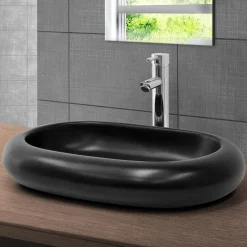 Waschbecken inkl. Ablaufgarnitur Silber ohne Überlauf 65x45x11 cm Schwarz aus Keramik ML-Design-ECD Germany Best