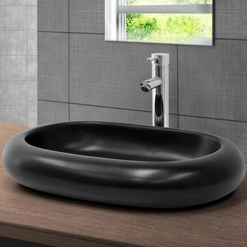 Waschbecken inkl. Ablaufgarnitur Silber ohne Überlauf 65x45x11 cm Schwarz aus Keramik ML-Design-ECD Germany Best