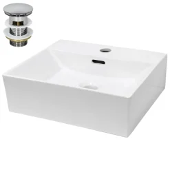 Waschbecken inkl. Ablaufgarnitur Silber mit Überlauf 41,5x36x13 cm Weiß aus Keramik-ECD Germany Sale