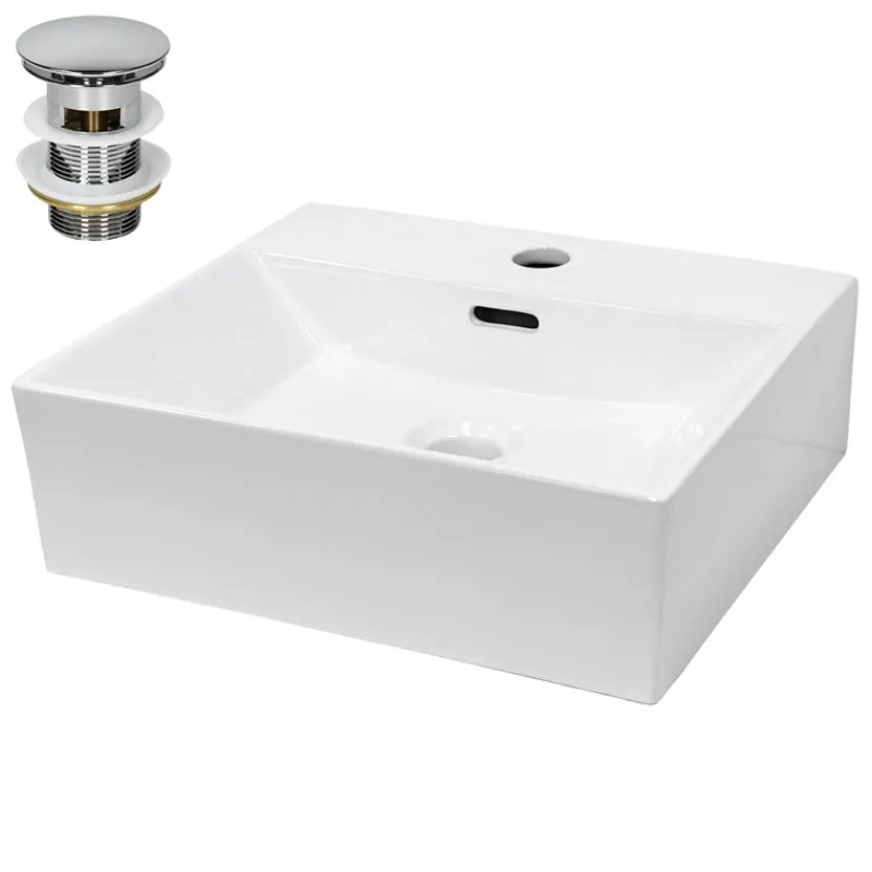Waschbecken inkl. Ablaufgarnitur Silber mit Überlauf 41,5x36x13 cm Weiß aus Keramik-ECD Germany Sale