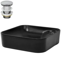 Waschbecken inkl. Ablaufgarnitur Silber ohne Überlauf 43x43x12 cm Schwarz aus Keramik ML-Design-ECD Germany Hot