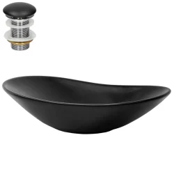 Waschbecken inkl. Ablaufgarnitur Schwarz ohne Überlauf 63x36x15,5 cm Schwarz aus Keramik ML-Design-ECD Germany Best